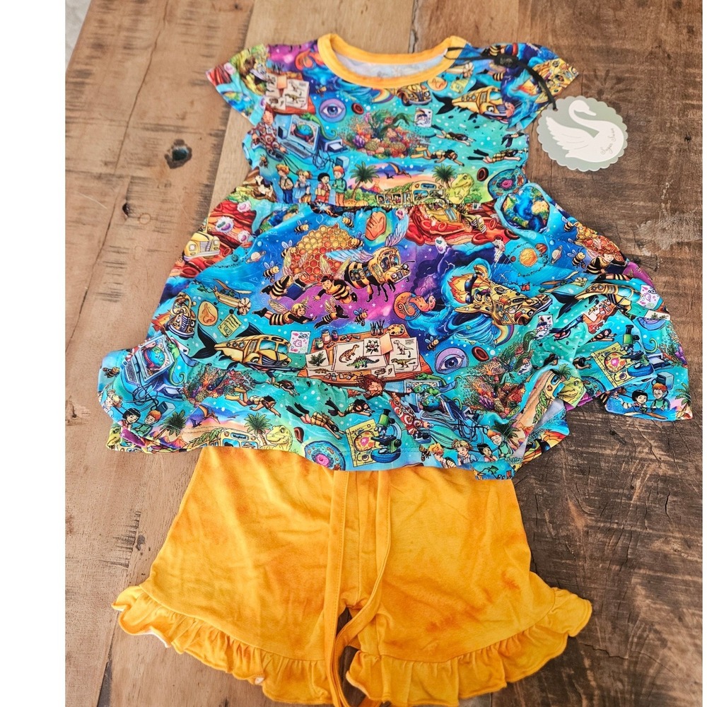 Sugar Swan Magic School Bus Bamboo Short Set Tunic Ruffle Shorts 3T New